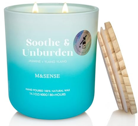 M&SENSE Duftkerze, Jasmin Ylang-Ylang Duftkerzen im Glas, 400g große Sojakerze mit zwei Dochten, 80h Brenndauer, Aromatherapie Kerze für Yoga, Spa, Meditation. Geschenk für Freundin, Ehefrau, Mutter
