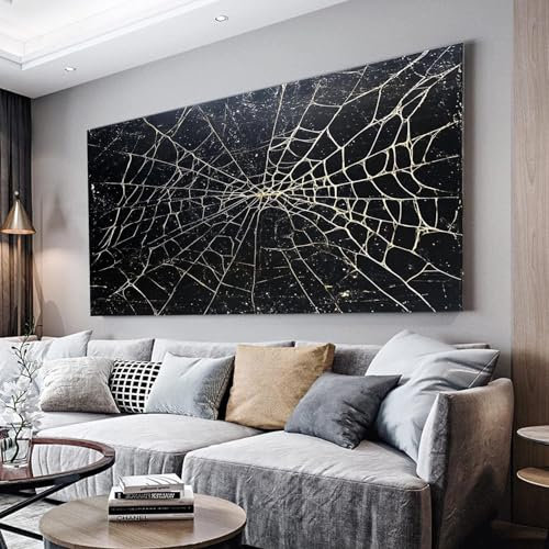 MKBKLI Cuadro abstracto grande de tela de araña en blanco y negro para sala de estar, cuadros decorativos para el hogar, 80 x 160 cm, sin marco