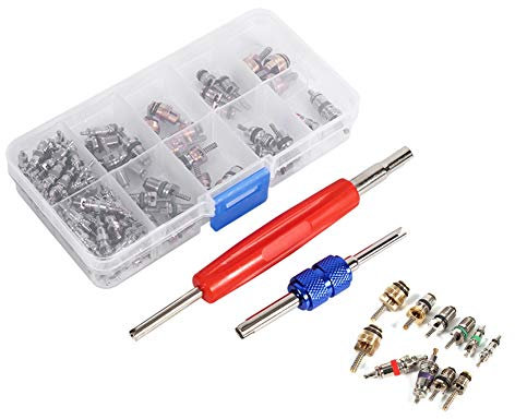 VOBOR Obus Aire Acondicionado, 102Pcs A/C Valvula R12 R134A Aire Acondicionado Coche, Válvula de Neumático Núcleos de Vástago Herramienta Remover Surtido Kit