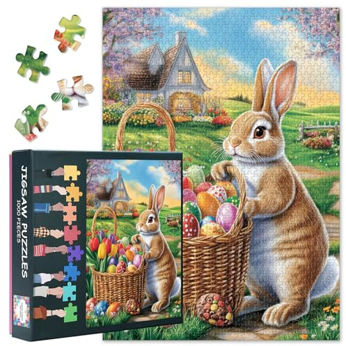 1000 Teile Puzzle für Erwachsene: Ostern Motiv mit Eiern Hase Tulpen | Premium Kunst Puzzle Frühlingslandschaft | Kreatives Geschenk & Wanddeko für Wohnzimmer Schlafzimmer | 70 x 50 cm