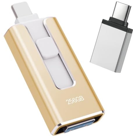 USB Stick 256GB for iPhone, [MFi-certified] 4-in-1 Flash Drive for iphone, Photo Stick for iPhone/iPad/Android/PC, Without App USB 3.0 High-Speed Lightnning Memory Stick Transfer Photos Videos, Gold