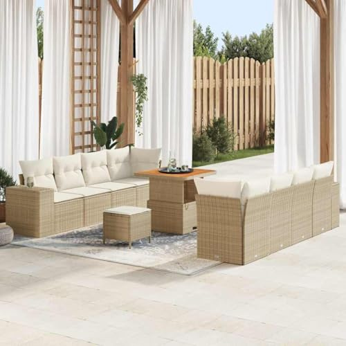 Runheo Gartensofa-Set mit Kissen, 11-teilig, Beige Poly-Rattan, modular, wetterfest, höhenverstellbarer Tisch für Terrasse, Balkon
