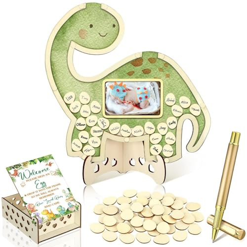 Dinosaurier Wünsche Bilderrahmen, Gästebuch aus Holz mit 100 Chips | Interaktives Alternatives Gästebuch Geeignet für Babyparty, Taufe, Kindergeburtstag, Hochzeit, Partydekoration und Holz