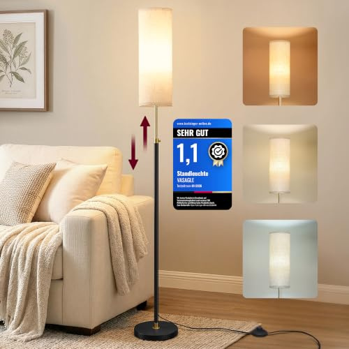 VASAGLE Lampadaire, Lampe sur Pied, Hauteur Réglable de 140,5 à 171 cm, Style Minimaliste, Interrupteur à Pied, Abat-Jour en Tissu, Douille E27, Noir mat LFL022BD02