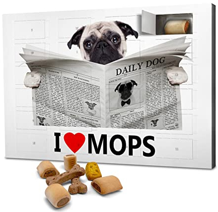 printplanet Hunde-Adventskalender mit Leckerlis - Motiv I Love Mops - Weihnachtskalender für Hunde - 2026