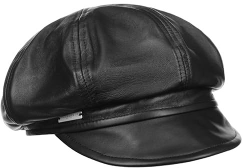 Seeberger Leder Ballonmütze Schildmütze Baker-Boy-Mütze Damencap Ledercap (L (58-59 cm) - schwarz)