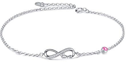AOBOCO 925 Sterling Silver Infinity Bracelet with Birthstone Crystals, Birthday Gifts for Her Girlfriend Wife (10-October-Pink)