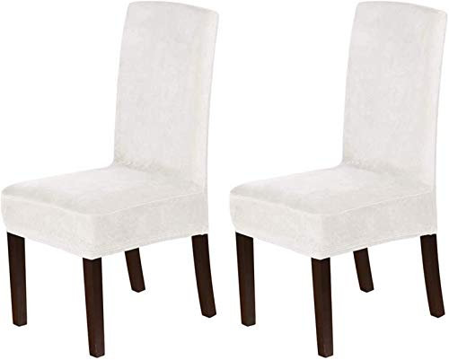LINGKY Samt Esszimmer Stuhlhussen Stretch Stuhlhussen Für Esszimmer Parson Stuhl Schonbezüge Stuhl Schutzhüllen Esszimmer, Soft Thick Solid Velvet Fabric Washable (Elfenbein,Set of 2)