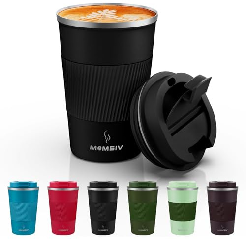 MOMSIV 12oz Travel Mug, Insulated Coffee Cup with Leakproof Lid, Vacuum Stainless Steel Double Walled Reusable Tumbler for Hot and Cold Water Coffee and Tea In Travel and Car (Black - 380ml)