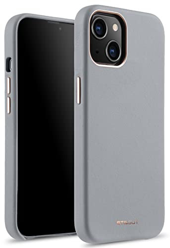 STILGUT Cover kompatibel mit iPhone 13 (6.1) Hülle aus Leder - iPhone 13 Case mit Tasten & Kameraeinfassung aus Metall, Lederhülle, Ledercase - Grau
