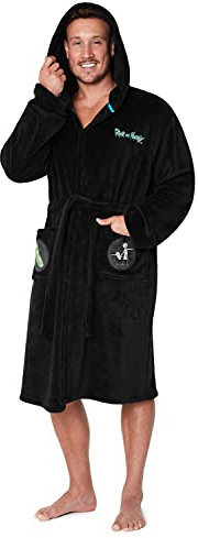 Rick and Morty Bademantel Herren Flauschig, Pickle Rick Fleece Morgenmantel Herren mit Kapuze (Schwarz, M)