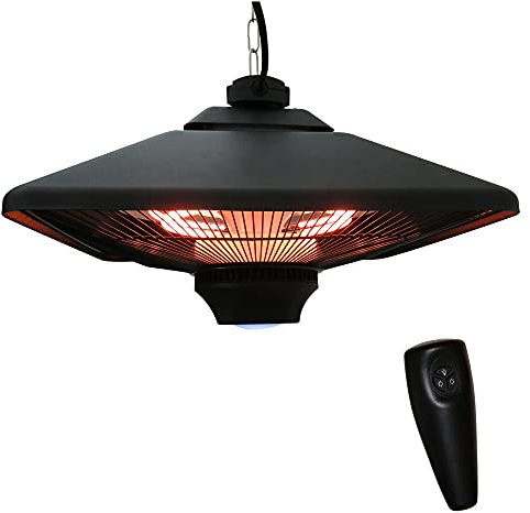 Outsunny Lampada Riscaldante per Esterni con Luce LED, 2 Livelli di Potenza 1000/2000W e Telecomando, 43x43x25cm, Nero
