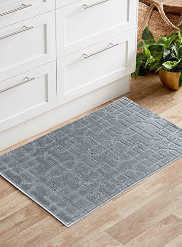 IVY Washable Door Mat Kitchen Mats Non Slip Cubed Trellis Design Kitchen & Hall Runners Doormats, Silver, 60x110 cm