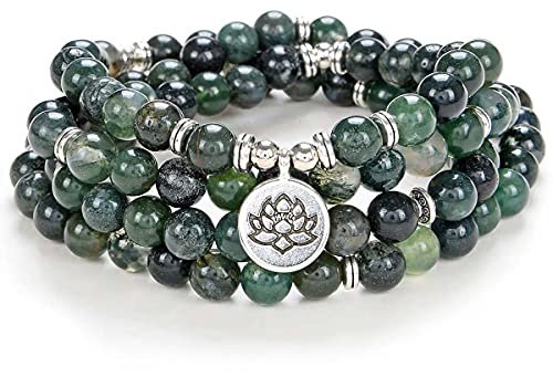 Lotus Seed Charm Mala Beads 108 Armband Halskette Bedeutungsvolle handgemachte Geschenke Yoga Schmuck (Moosachat (Moss Agate))