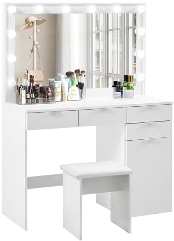 TUKAILAi White Large Dressing Table Set with Hollywood 12 LED Lights Mirror and Cushioned Stool, Vanity Desk Set Makeup Table with 4 Drawers and Storage Unit Dresser for Bedroom Girls Women