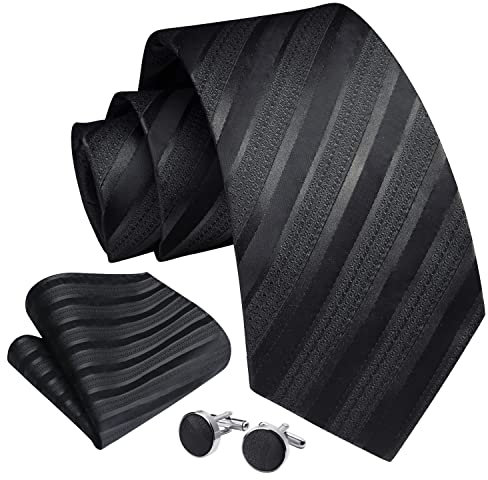 Enlision Herren Schwarz Krawatte Taschentuch Hochzeit Formell Business Gestreifte Krawatten und Einstecktuch Manschettenknöpfe Set