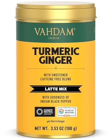 VAHDAM, Mix Latte Cúrcuma Jengibre (100g, 40 Tazas) Leche Dorada En Polvo Sin Cafeína Con Curcumina | Ingredientes 100% Naturales – Cúrcuma En Polvo, Jengibre | Preparar Caliente, Frío O Con Leche