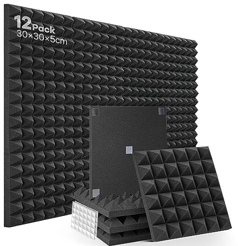Akustikschaumstoff 12 Stück Schalldämmung Hochdichte Schallabsorber Wand Reduzieren Hall-Echo-Lärm für Podcast Aufnahmestudio schallschutz mit 60pcs Aufklebern Geliefert, 30x30x5cm