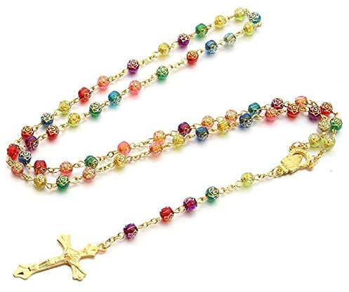 Oneroomone Collar con Colgante de Cruz Cristiana, Rosario para Cumpleaños, Confirmaciones, Comuniones, Bautizos, Fiestas (Color Oro)