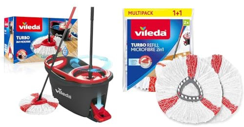 Vileda Turbo Juego de Cubo de fregona para Suelos giratoria con Pedal - Mango telescópico 85-123 & Recambio Turbo,Compatible con Todos los Sistemas Turbo de I Rendimiento Extra