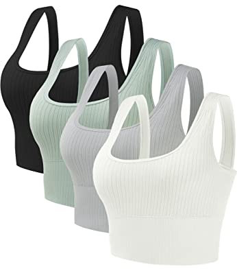 Gnowann Sport BH Damen Mittlerer Halt Bustier Damen Gepolstert Ohne Bügel Tank Top Ribbed Push Up für Yoga Fitness Joggen, Schwarz+Grau+Haut Weiß+Grün, M