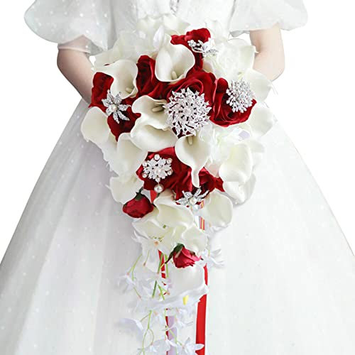 Wooauto Hochzeitsstrauß Brautschmuck Brautjungfer Bouqeut Künstlicher Wasserfall Brautstrauß Wasserfall Rose Diamant Cascading Calla Lily Bouquet für Hochzeitsfotografie Requisiten Valentinstag Dekor