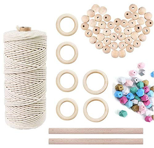Makramee-Schnur, natürliches Baumwollseil, 3 mm, mit Holzring, Holzstab für DIY-Makramee-Set, Wandbehang, Pflanzenaufhänger