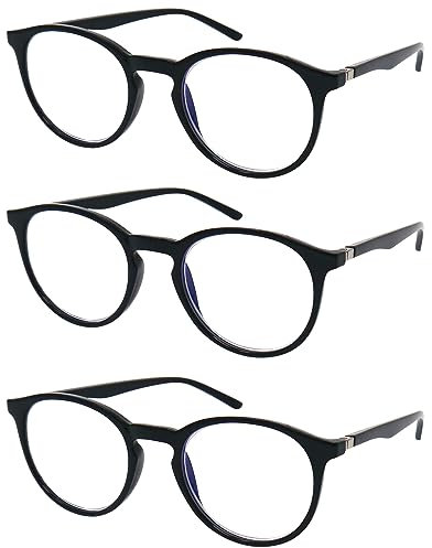 Mini Brille 3 Stück Set Klassische Nerd Anti Blaulicht Brille, Lesebrille mit Großen Runden Transparenten Gläsern, Kunststoff Rahmen Schwarz, Blaulichtfilter Brille Damen und Herren +2.5 Dioptrien