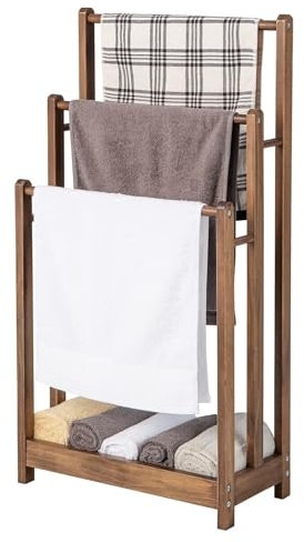 COSTWAY Handtuchständer freistehend, Handtuchhalter Holz mit 3 Handtuchstangen & unterer Ablage & Kippschutz, Trockenständer braun für Badezimmer, Hotels (braun)