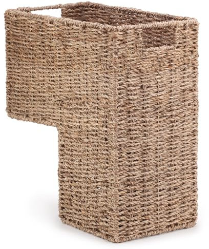 Woodluv L-Shape Woven Seagrass Large Step Basket With Inset Handles, For Stairs, Storage Organiser For Laundry, Accessories, Tidy Basket Bin For Toys, Household Items, Natural, 38 x 20 x 40 cm