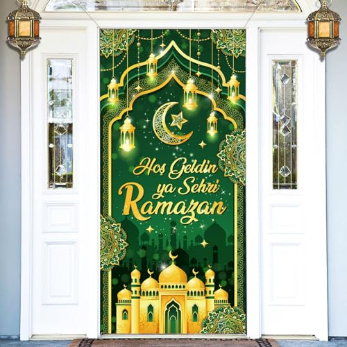 DPKOW Ramadan Deko Hosgeldin Ramazan Banner, Stoff Ramadan Banner für Eid Ramadan Tür Wand Dekoration, Hosgeldin Ramazan Tür Banner Ramadan Foto Hintergrund Dekoration Drinnen Draußen, 185 * 90cm