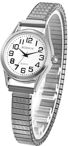 Silverora Uhren Damen Edelstahl Elastische: Gut Leicht Ablesbare Analoge Quarz Damenuhr Stretchband Armbanduhr mit Arabischer Ziffernskala Geschenke für Damen Ältere Silber