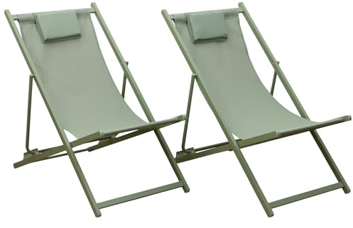 Happy Garden Lot de 2 chiliennes Cyprus en textilène et Structure en Aluminium Vert Sauge - Équipés de Coussins Repose-tête, Confort et Relaxation - Idéal pour Jardin, Terrasse et Patio