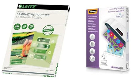 Leitz Heißlaminierfolien A4 80 mic, Hochwertige Laminierfolien im 100er Pack & Fellowes Laminierfolien A4 ImageLast, 80 Mikron