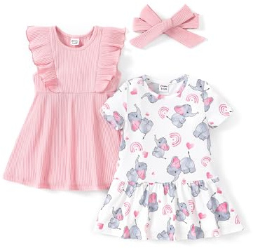 PATPAT Set Abiti da Bambina, Confezione da 2 Graziosi Abiti Estivi Senza Maniche con Volant Abiti da Principessa Maniche Corte, Abito a Trapezio per Bambini Compleanno Feste Banchetti Vacanze