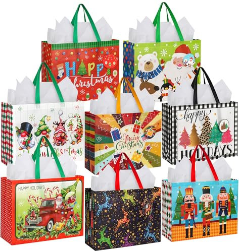 8 Stück Geschenktüten Weihnachten Große, 42 X 33 X 16CM, Wiederverwendbare Geschenktaschen mit Griffen, Vliesstoff Geschenktüte mit weißem Seidenpapier und Geschenkanhänger für Urlaub, 8 Entwürfe