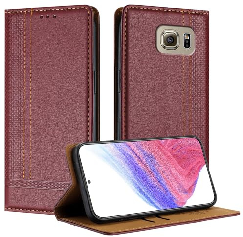 Mo-Beauty Handyhülle für Samsung Galaxy S6, PU Leder Flip Klappbare für Samsung S6 mit Standfunktion Kartenfächer Magnet Hülle (Burgunder)