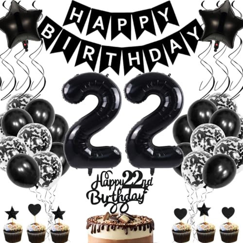Anlgdi Geburtstagsdeko 22 Jahre Mann Frau, Luftballons 22. Geburtstag Dekoration, Schwarz Tortendeko Geburtstags 22 Jahre Frauen, Folienballon Zahl 22 Schwarz, Deko 22. Geburtstag Männer