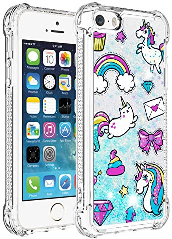 Glitter Case for iPhone 5 / 5S/ SE 2016 Flowing Liquid Glitter Bling Luxury cover Soft TPU Bumper Phone case with Air Cushion Design for iPhone 5 / 5S/ SE 2016 - Rainbow Horse