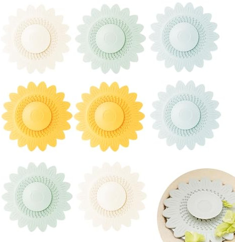 Abflussstopfen Spüle, WJUAN 8 Stück Haarsieb Waschbecken Sonnenblumenform 4 Farben, Anti-Rutsch Doppelte Filterung Stöpsel für Spülbecken Enge Passform, für Küche, Badezimmer, Waschküche