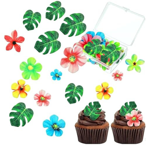 83 Pièces Autocollants En Papier Pour Gâteau, Papier Gaufré De Fleurs De Feuilles De Palmier, Feuilles De Tortue Décoratives, Décoration De Gâteau Sur Le Thème De La Jungle Hawaïenne