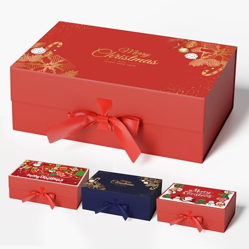 GIFTSAY Christmas Magnetic Gift Boxes with Golden Pattern, 32.2 X20.3 X11.4 CM Red Unique Design Boxes with Lids for Gifts (1PC-Thicken)