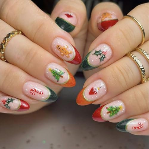 24pcs Christmas French Tip False Nails Short Press On Nails Christmas FakeNails Christmas Hat And Elk Festival Holiday NailsFrench Tip Christmas Stick OnNails Art for Women