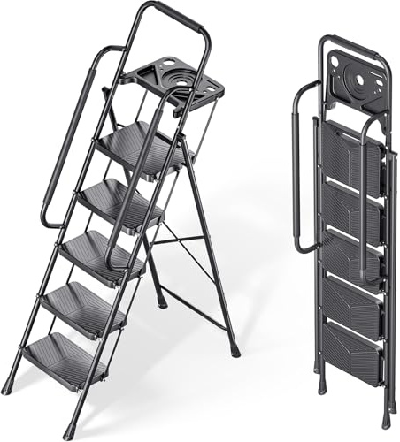 KINGRACK Trittleiter 5 Stufen Klappbar mit Sicherheitsschloss, Anti-Rutsch-Stabilem Klappleiter Tritthocker 150kg Belastbar, Leiter mit Handläufen für Zuhause, Büro, Garten, Küche, Schwarz