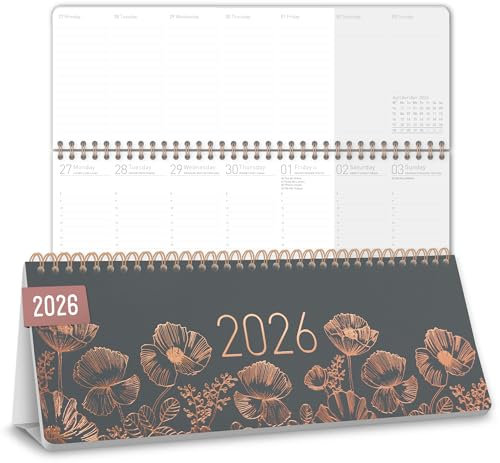 Häfft® Internationaler Tischkalender 2026 quer 'Poppy' 1 Woche 2 Seiten, Wochenkalender 29,8 x 11,6 cm, mehrsprachiges Kalendarium - nachhaltig und klimafreundlich