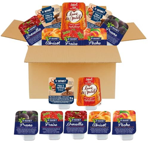 St MAMET/LUNE DE MIEL | Assortiment de 75 Barquettes de Pâte à Tartiner, Confiture de Fraise, Pêche, Abricot, Prune et Gelée de Groseille et Miel | portions individuelles pour varier les plaisirs