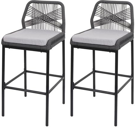 Mendler Lot de 2 tabourets de Bar Rope HWC-O21, Outdoor Assise rembourrée Corde tressée métal - Anthracite, Coussin Gris Clair
