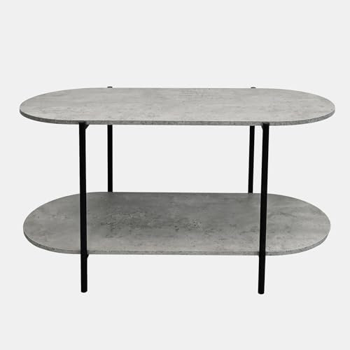 OHS Coffee Table with Curved 2 Tier Storage, Grey Marble Look Finish Wooden Coffee Table with Study Metal Frame Modern Oval Centre Tables For Living Room Office, 90x45x40cm
