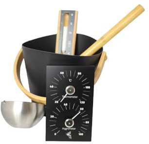Karibu Saunazubehörset Premium 5 Teilig Sauna Aufgusseimer, Aufgusskelle, Sanduhr, Therometer, Hygrometer, Aufgussverdampfer
