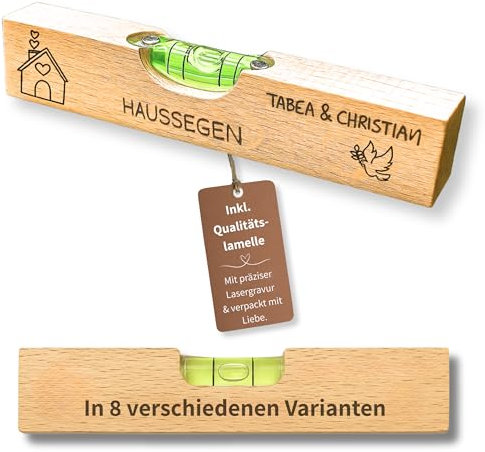 Happy Box® Wasserwaage personalisiert als Geschenk für Paare zum Einzug, Hochzeitsgeschenk, Geschenk zu Hochzeitstag, Jahrestag oder Richtfest - der Begleiter für Handwerker und Heimwerker (Haussegen)